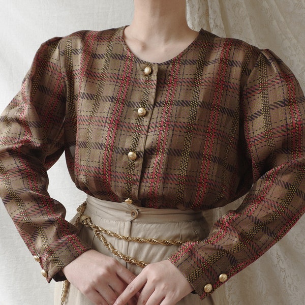 Vintage PB Pierre Balmain Paris Brown Plaid Long Sleeve Blouse, Semi Sheer Blouse, Made in Japan, Vintage Women Blouse, Plaid Blouse