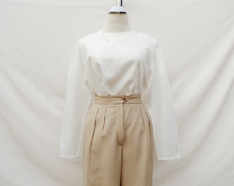 Vintage Off White Floral Embroidered Long Sleeves Blouse, Romantic Blouse
