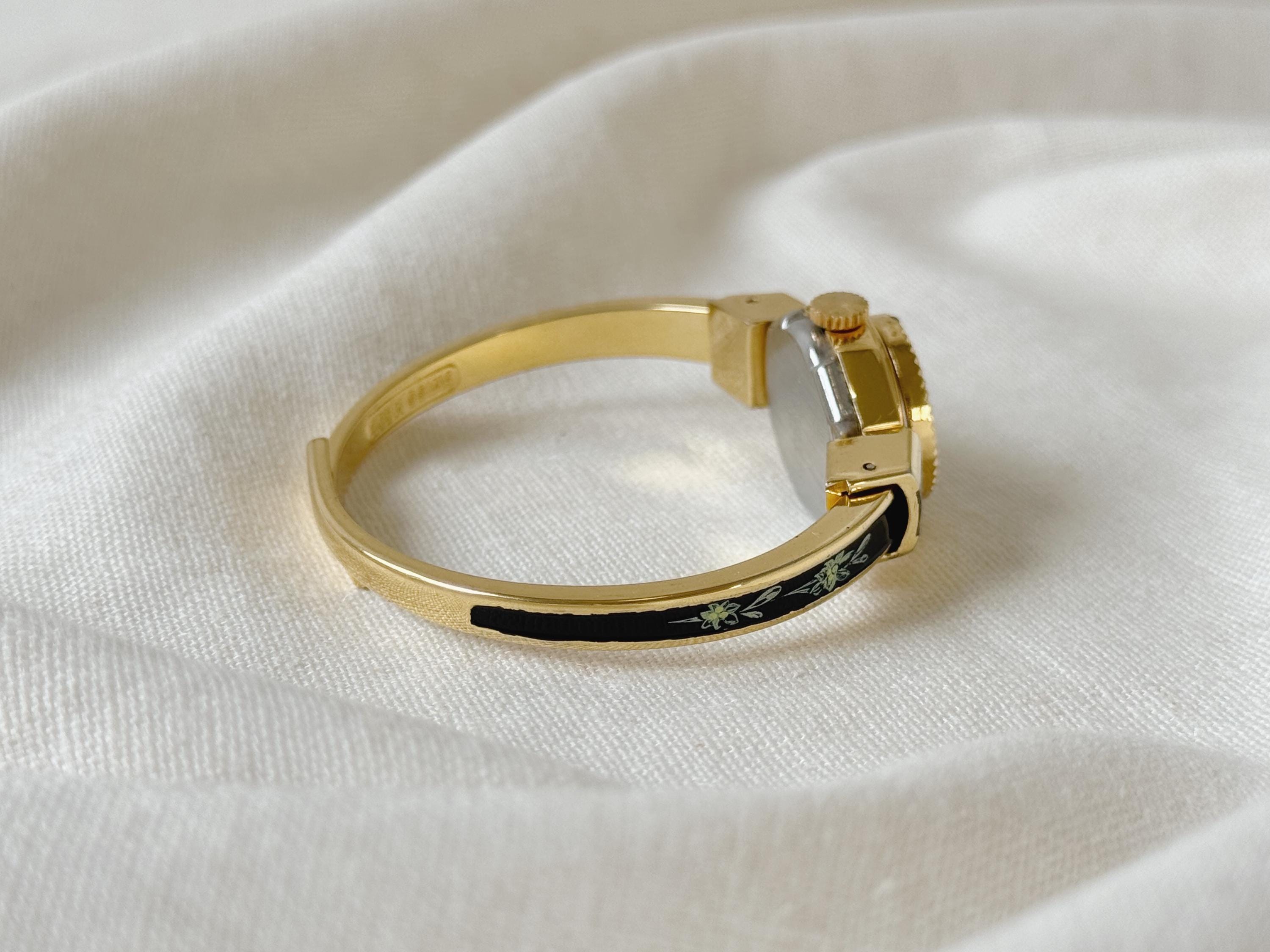 Vintage Gold Tone Metal and Black Enamel With Floral Design 