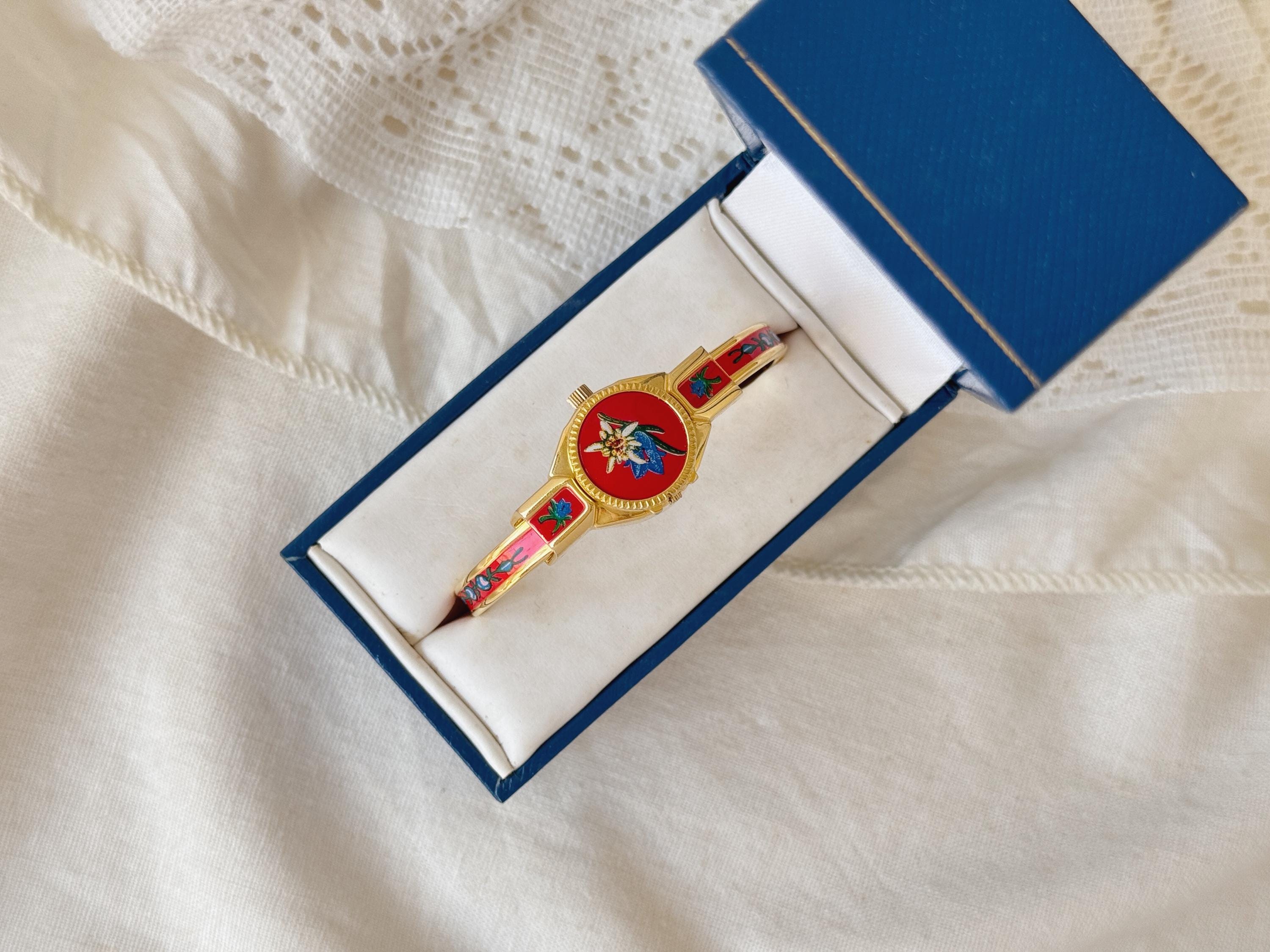 Vintage B Watch Gold Tone Metal and Red Enamel Women Watch
