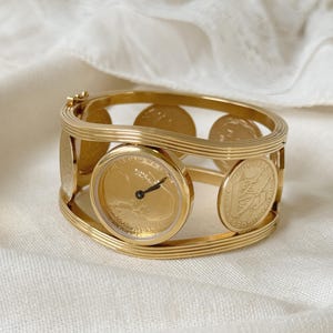 Vintage ALLEGRO 23K Gold Plated Coin Bangle Watch, Swiss Made, Women&#39;s WristWatch, Statement Jewelry Watch Timepiece