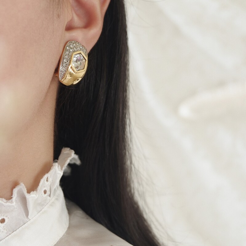 Boucles D'oreilles Vintage LANVIN Clip Plaqué Or émaillé - Style Rétro