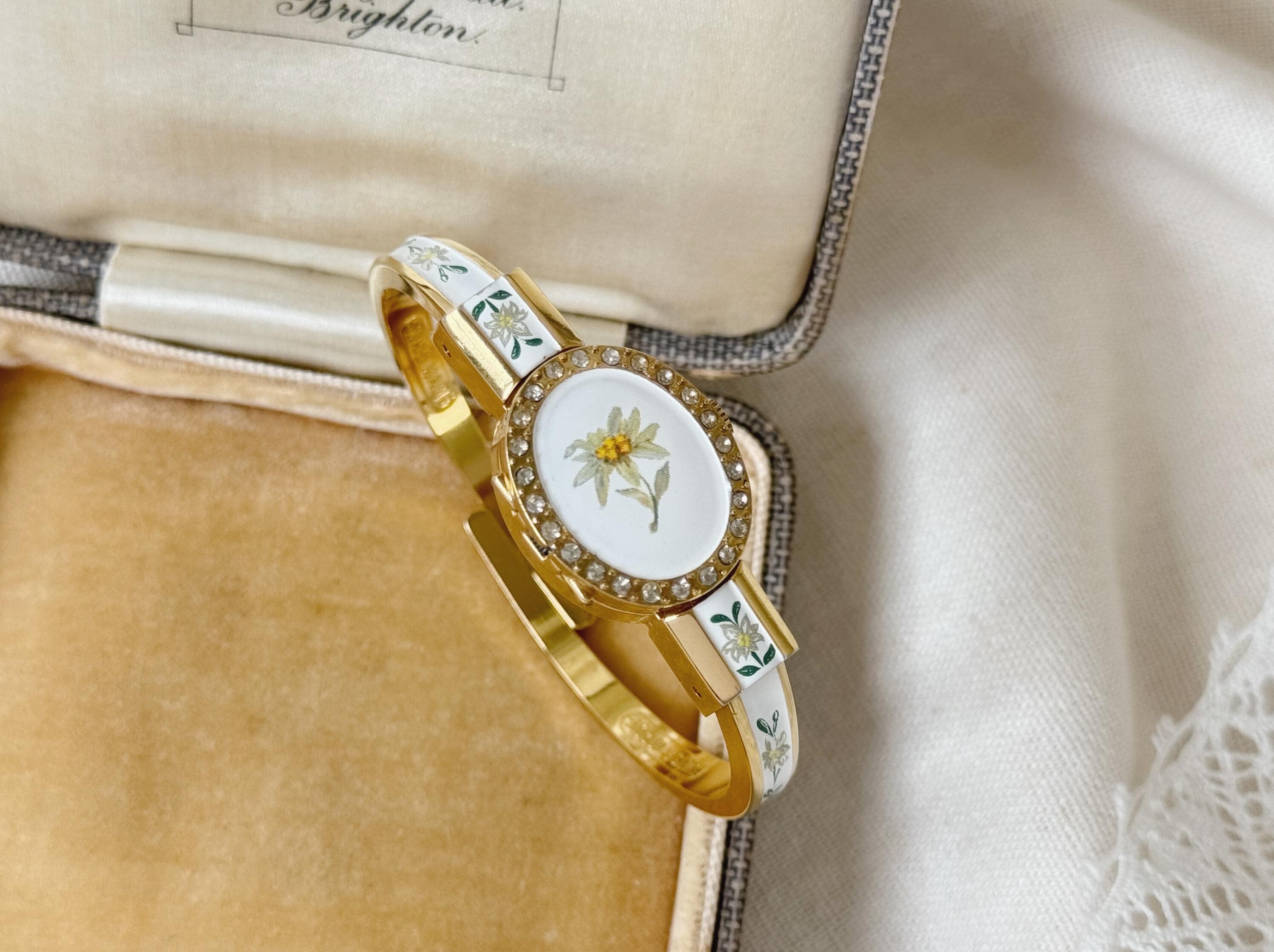 R.Müller Geneve Gold Tone Metal And Enamel Women Watch With Floral Design, Swiss Made, Quartz Movement, Cuff Bangle Watch, Peek A Boo Watch
