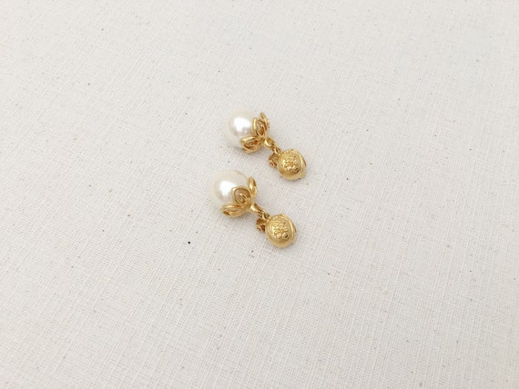Vintage KENZO Gold Tone Metal and Faux Pearl Clip on Drop Earrings 