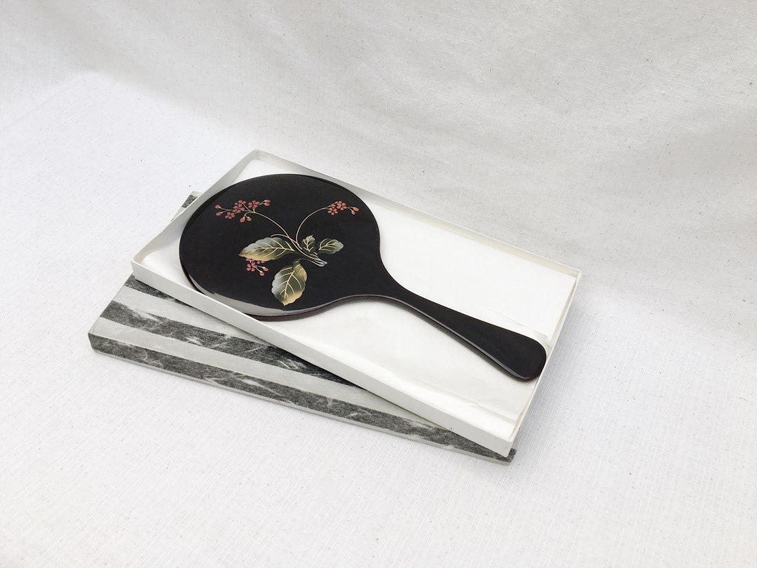 Vintage Black Plastic Hand Mirror With Floral Design, Japanese Mirror