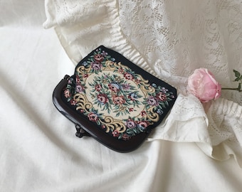 Vintage Floral Tapestry Clutch Purse, Brown Frame Clasp, Evening Wedding Bag