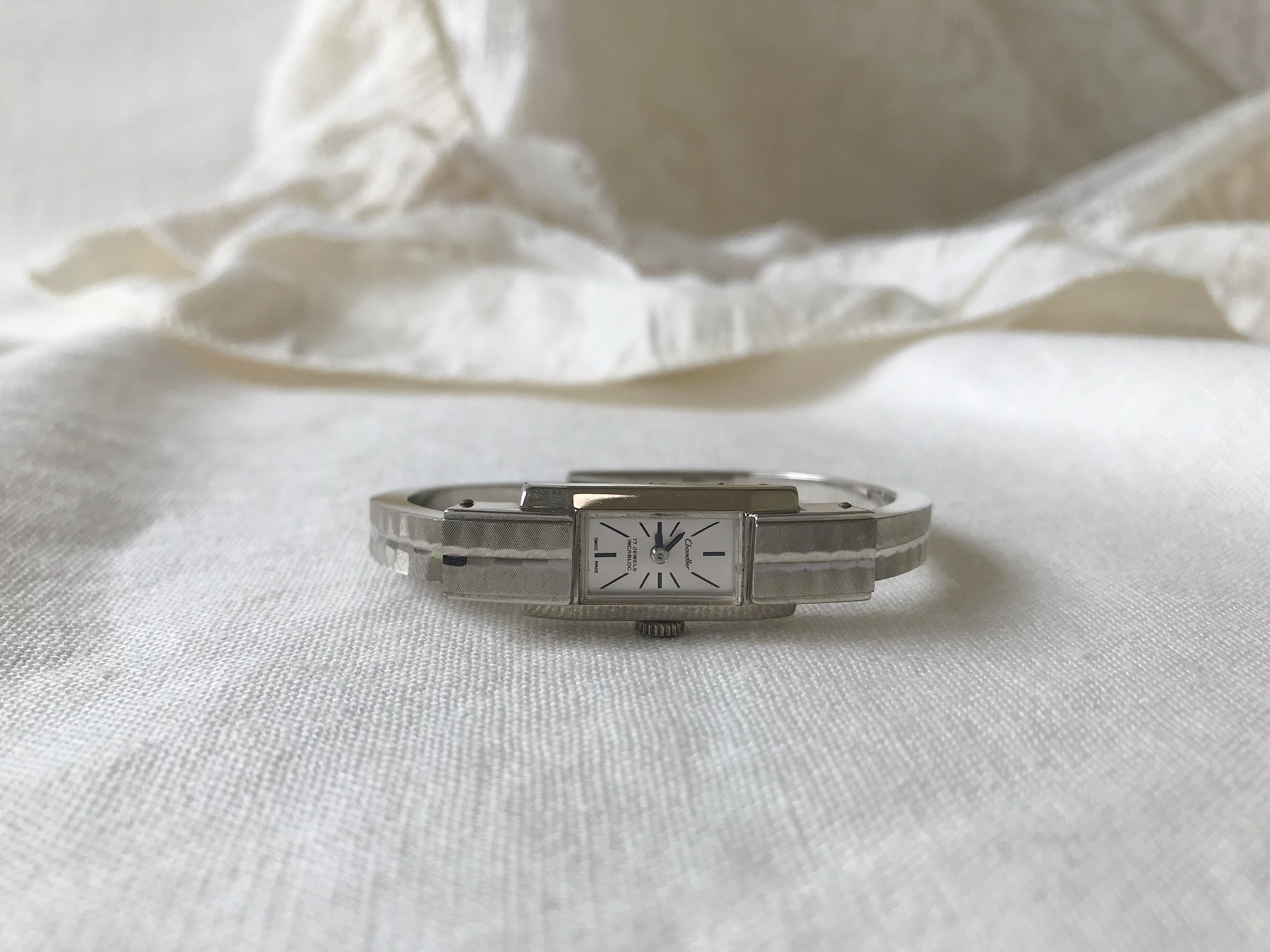 Vintage Chandler Silver Tone Women Watch, Cuff Bangle Watch