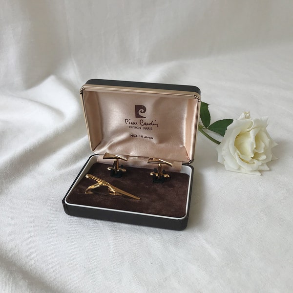 Pierre Cardin Gold Tone Metal Cufflinks And Clip Tie Set With Original Box, Made in Japan, Men Accessories, Wedding Gift, Gifts for Grooms