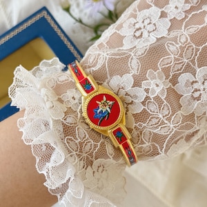 Vintage B Watch Gold Tone Metal And Red Enamel Women Watch With Floral Design, Swiss Made, Quartz Movement, Cuff Bangle Watch