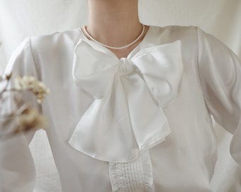 Vintage Off White Bow Tie Blouse, Long Sleeve, Romantic 80s Style