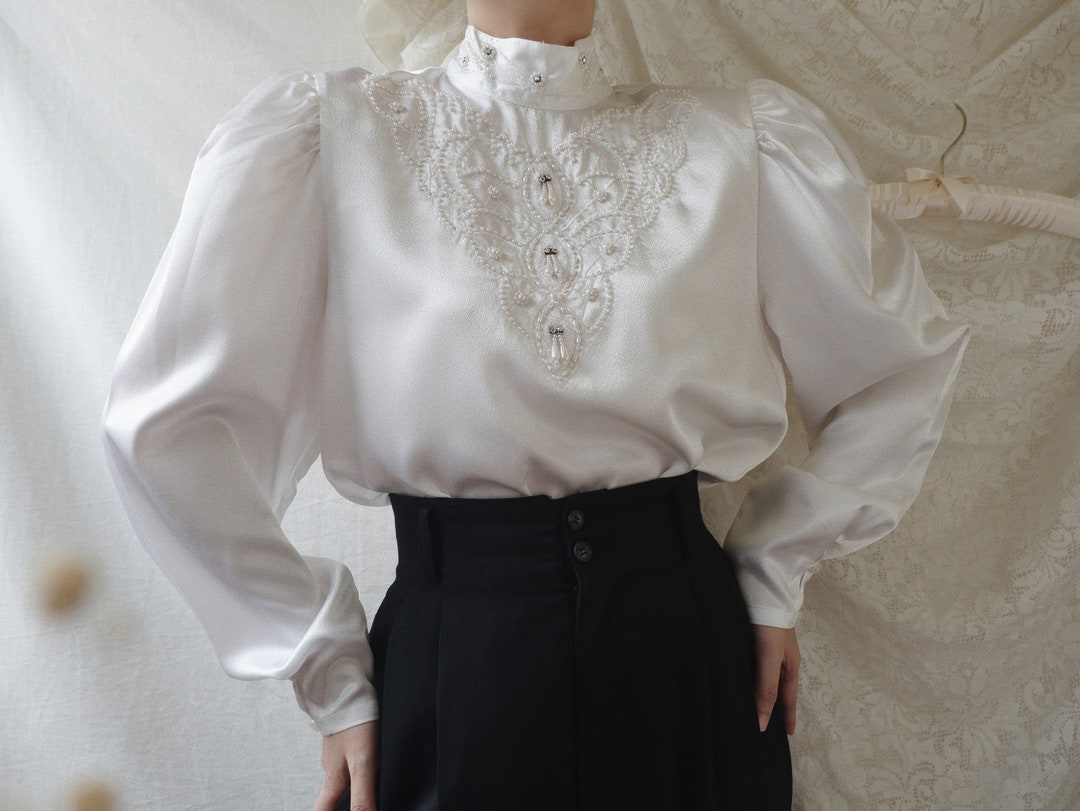 Vintage White Long Puff Sleeve Blouse With Pearl Embellishment, 80s ...