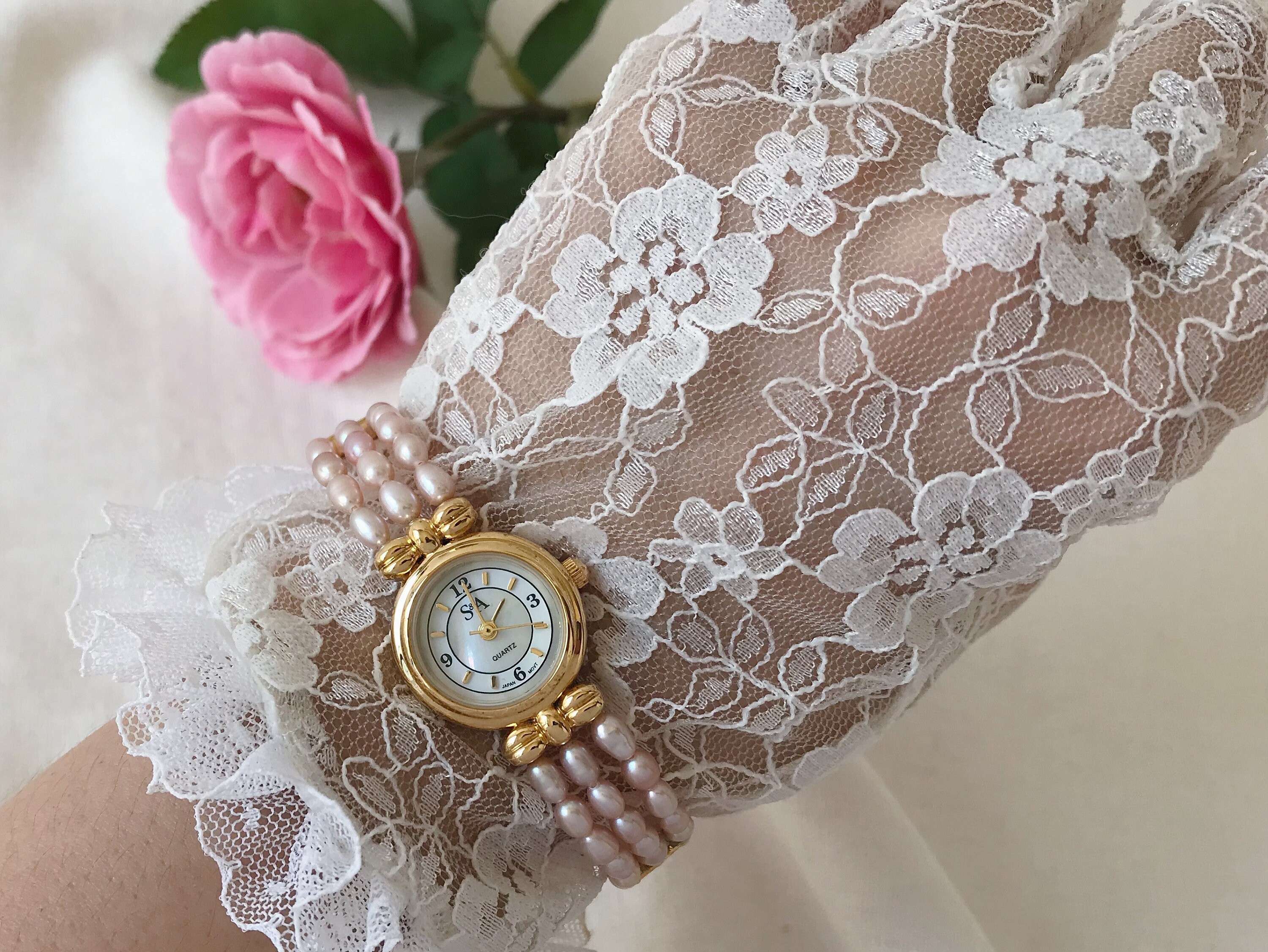 S A Pink Pearl and Gold Tone Metal Women Bracelet Watch Real