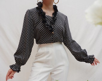 Vintage Black and white Polka Dot blouse, Long Sleeves Blouse, Ruffe Collar