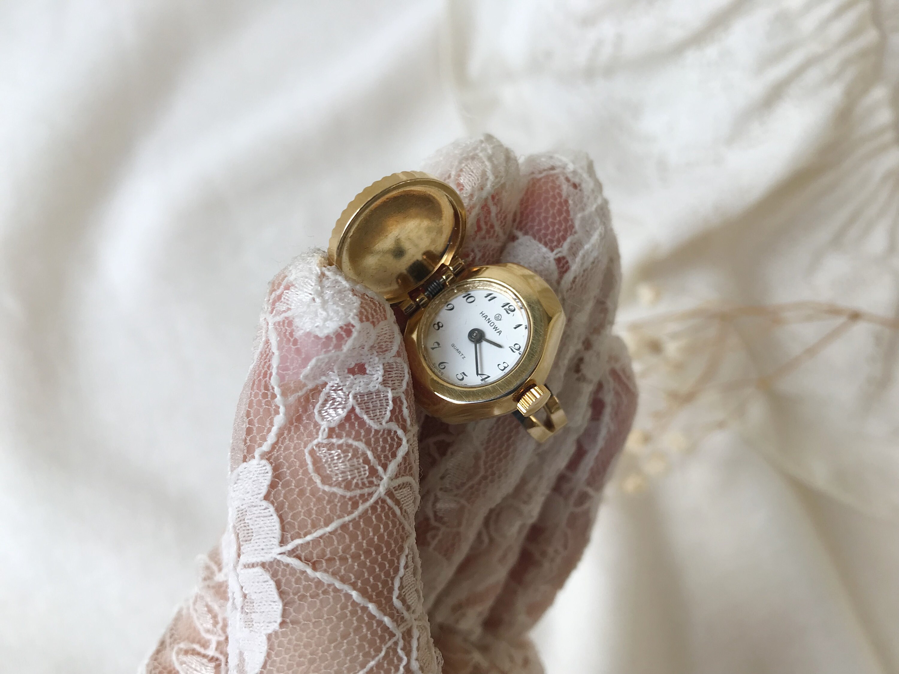 Vintage HANOWA Swiss Gold Tone Ring Watch With Floral Design