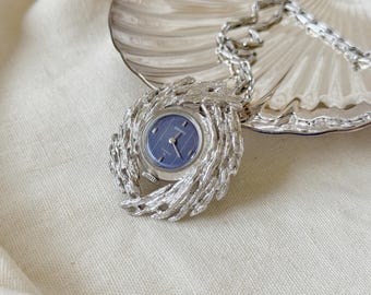 Collar con colgante de reloj mecánico de cuerda manual chapado en oro blanco Seiko vintage