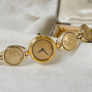 Vintage LUNE Gold Tone Metal Women Watch, Queen Elizabeth II Coin Bracelet Watch, Quartz Movement, Japan Watch, Vintage Ladies WristWatch