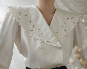 retro off white cotton cuffed shirt blouse ... plus /xl ,,, main image 0