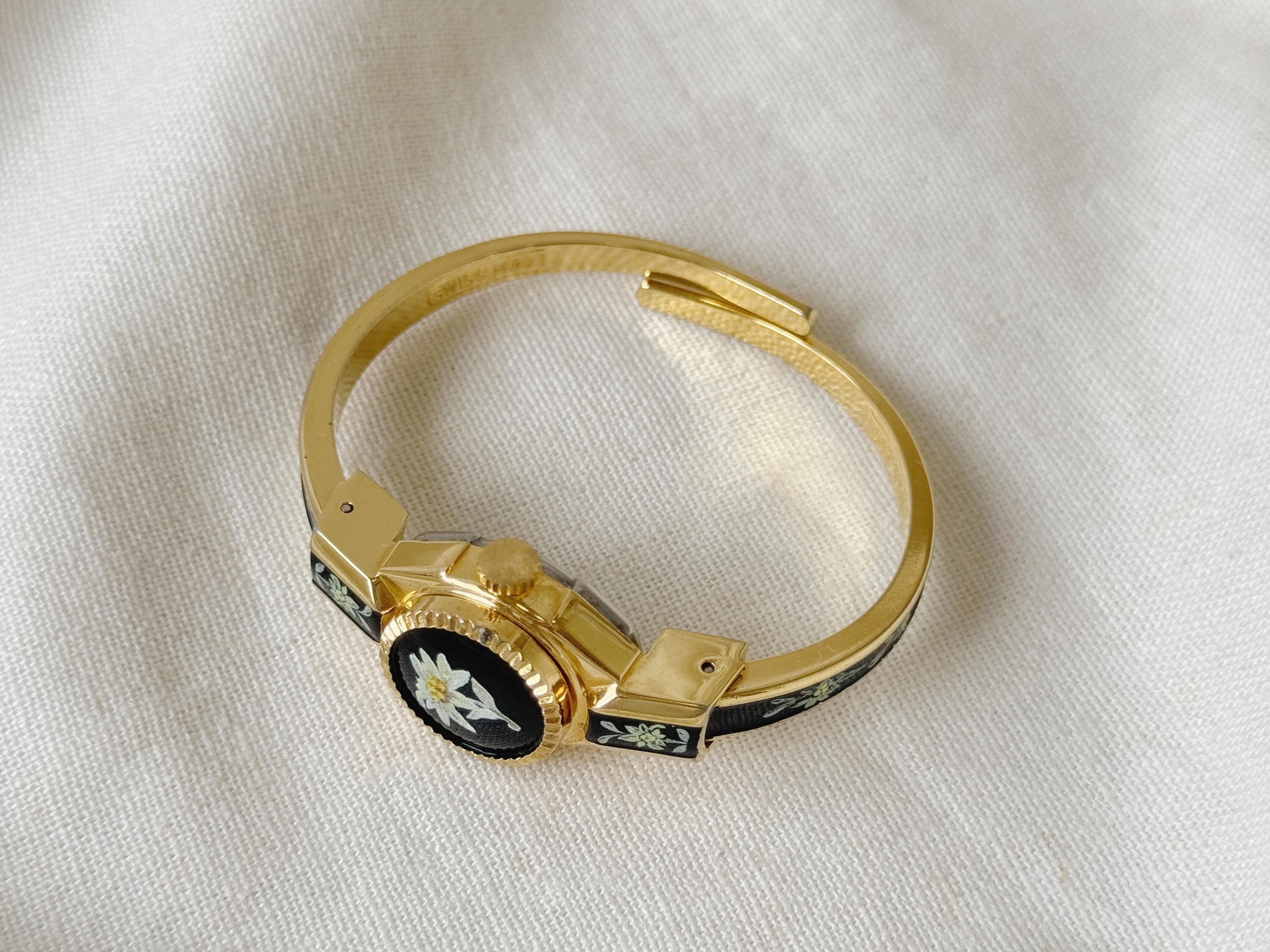 Gold-Tone Black Floral Bangle Watch - Women\'s Accessory Vintage Gold Tone Metal and Black Enamel With Floral Design  main image 3