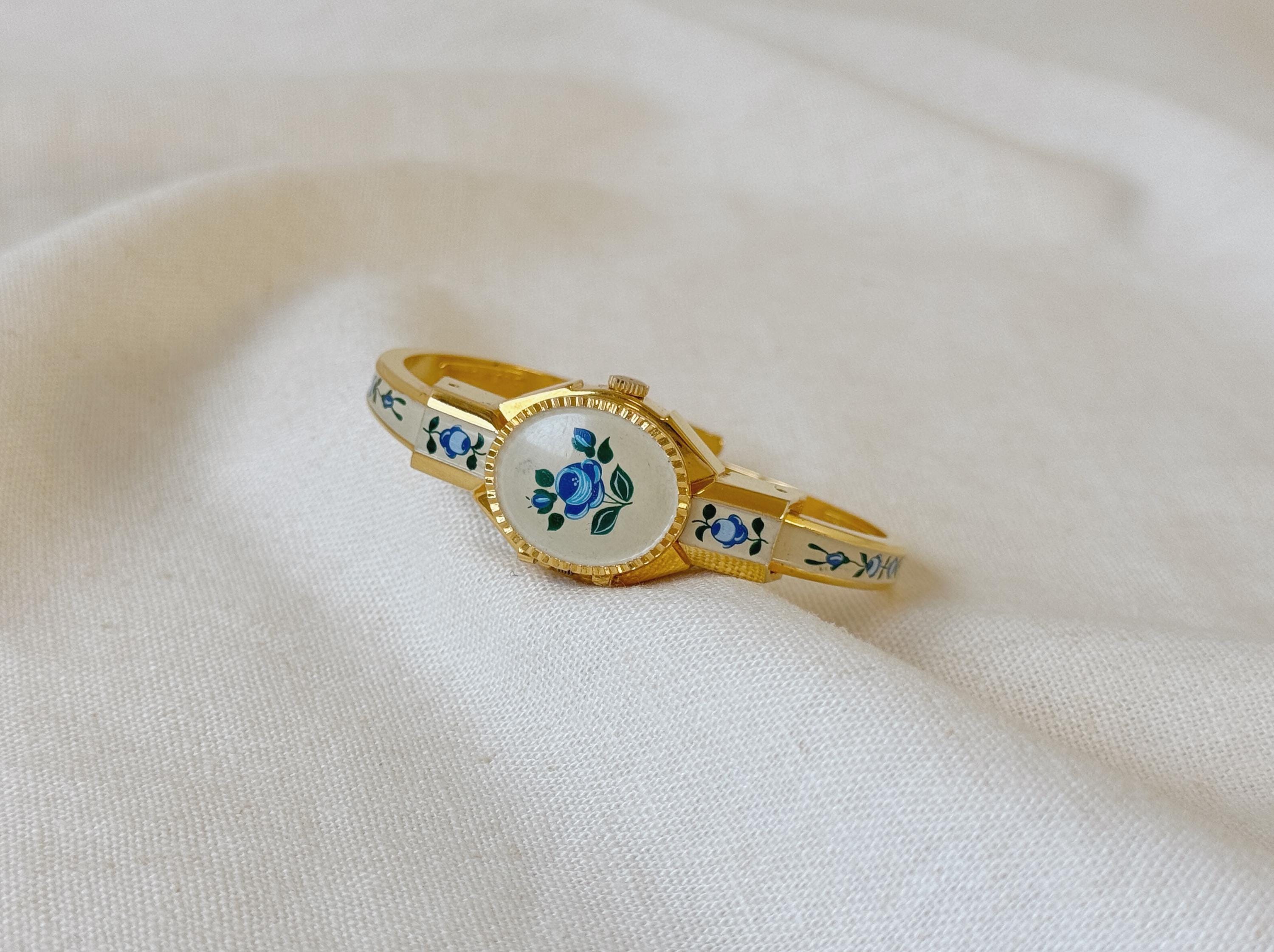Vintage Elnard Gold Tone Metal and Enamel Women Watch With  display picture 3