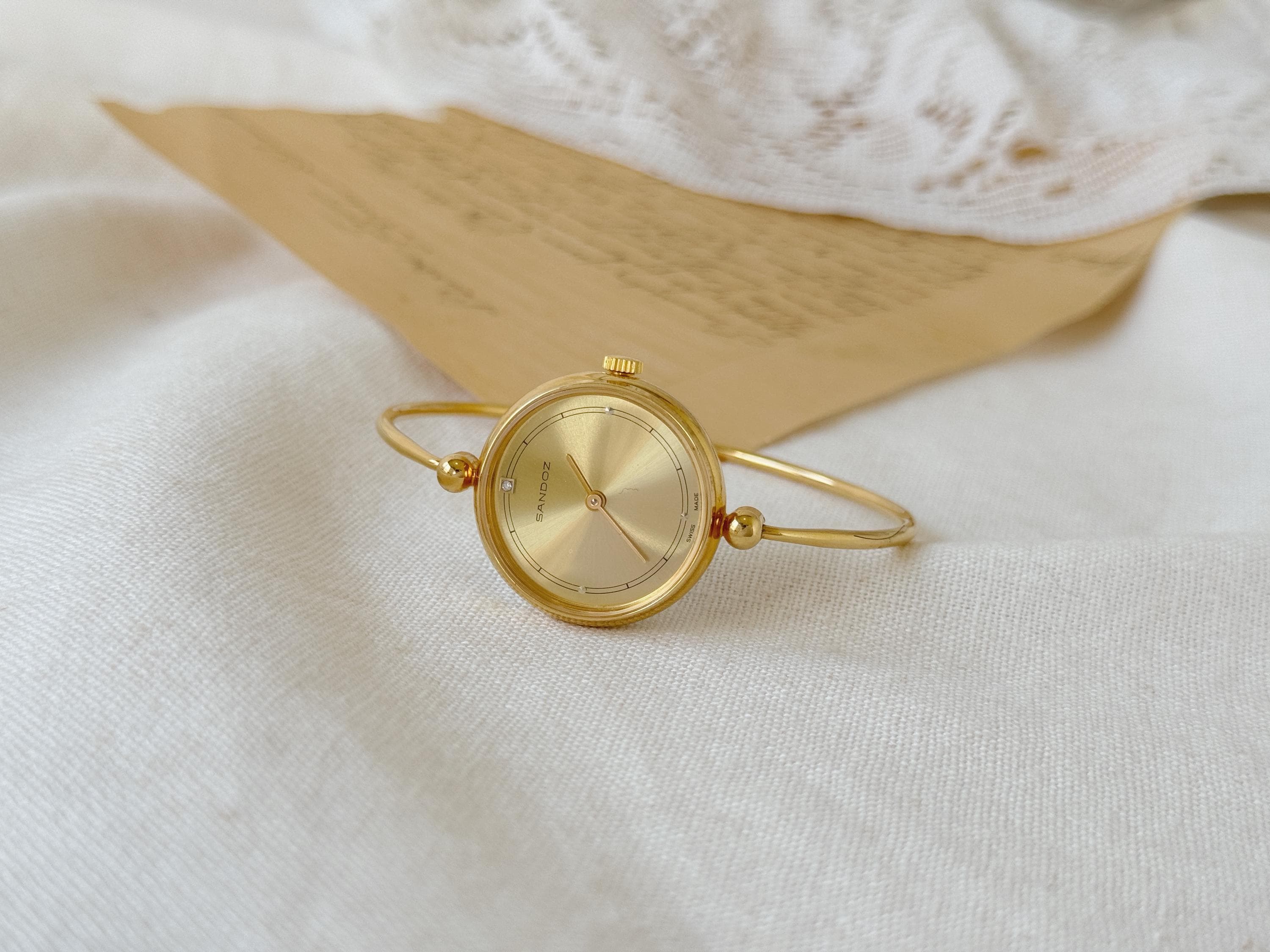 Vintage SANDOZ Gold Tone Metal Women Watch, Cuff Bangle