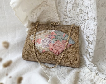 Monedero vintage dorado con cuentas y tela japonesa, bolso de boda