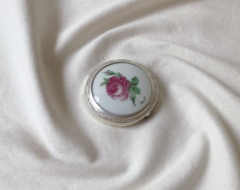 Vintage Limoges Silver Tone Metal Compact Mirror, Floral Design Porcelain Compact, Ladies Compact, Collectible Compact Powder