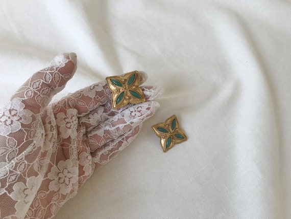 Boucles D'oreilles Clips Vintage Années 80 - Métal Doré & Résine Verte - 4,8 Cm