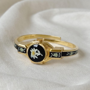 Vintage B Watch Gold Tone Metal & Black Enamel Women Watch With Floral Design, Cuff Bangle Watch, Swiss Made, Quartz Movement