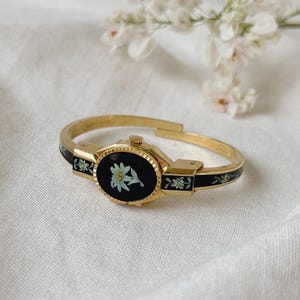 R.Müller Geneve Gold Tone Metal And Enamel Women Watch With Floral Design, Swiss Made, Quartz Movement, Cuff Bangle Watch, Peek A Boo Watch