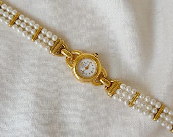 Vintage Vendome Aoyama Faux Pearl Bracelet Watch, Solid Brass, Made in Japan