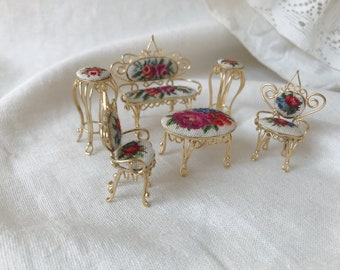 Miniature Doll House Living Room Furniture Set Gold Tone Metal With Floral Petit Point Loveseat Chairs Tables, Dollhouse Vintage Furniture