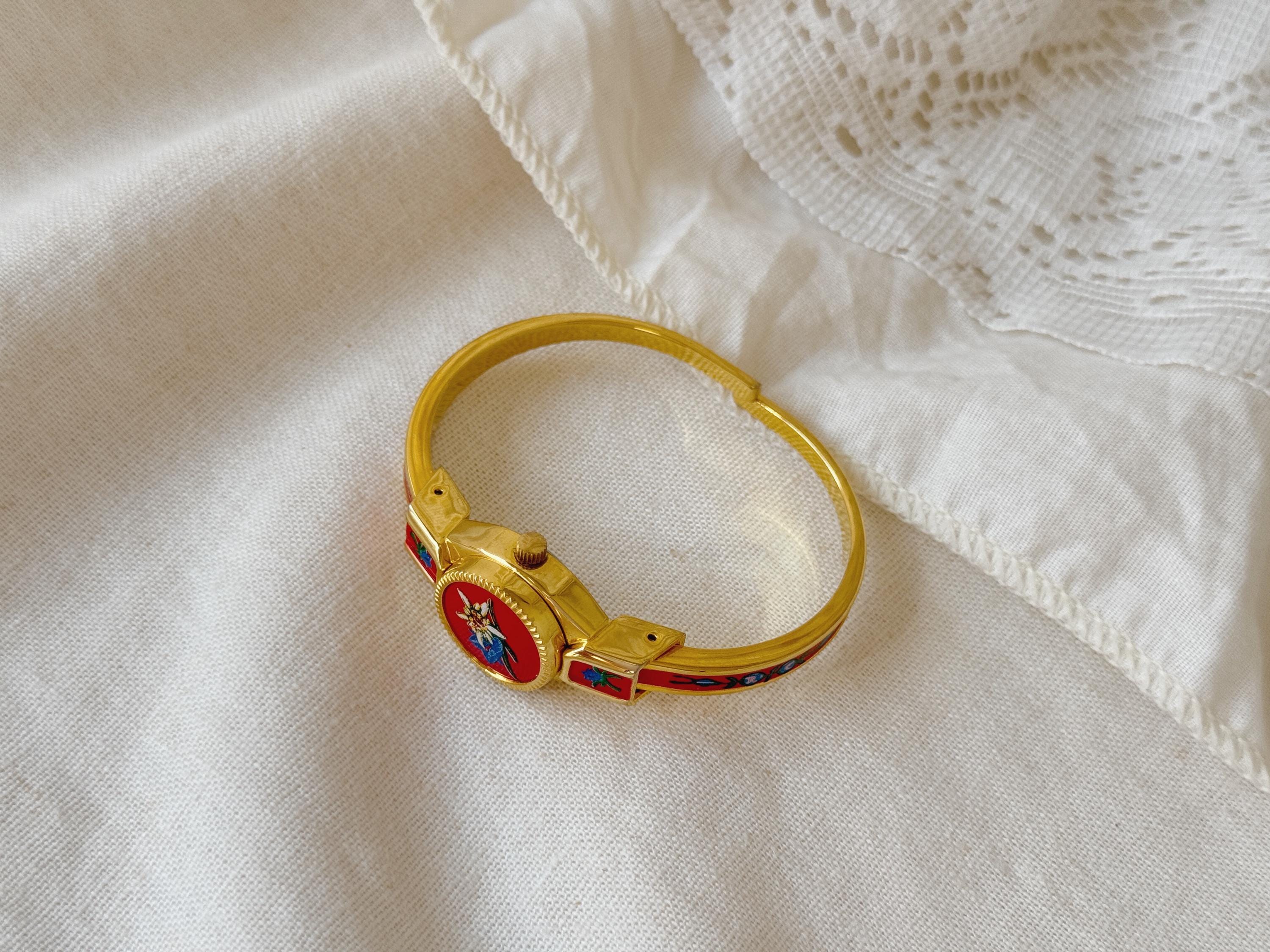 Vintage B Watch Gold Tone Metal and Red Enamel Women Watch