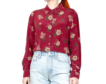 Vintage flowers blouse button up sheer sleeves spring bouquet shirt size women\u2019s M L size 10