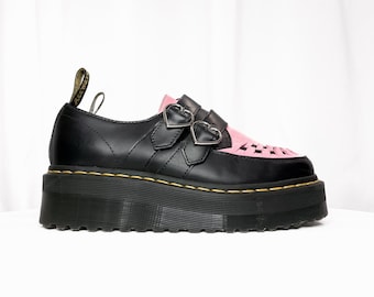 Lazy Oaf x Dr Martens | Chunky Creepers | Black & Pink Leather | Platforms | Adjustable Heart Buckles | Like NEW | Unisex | Women’s 7/7.5