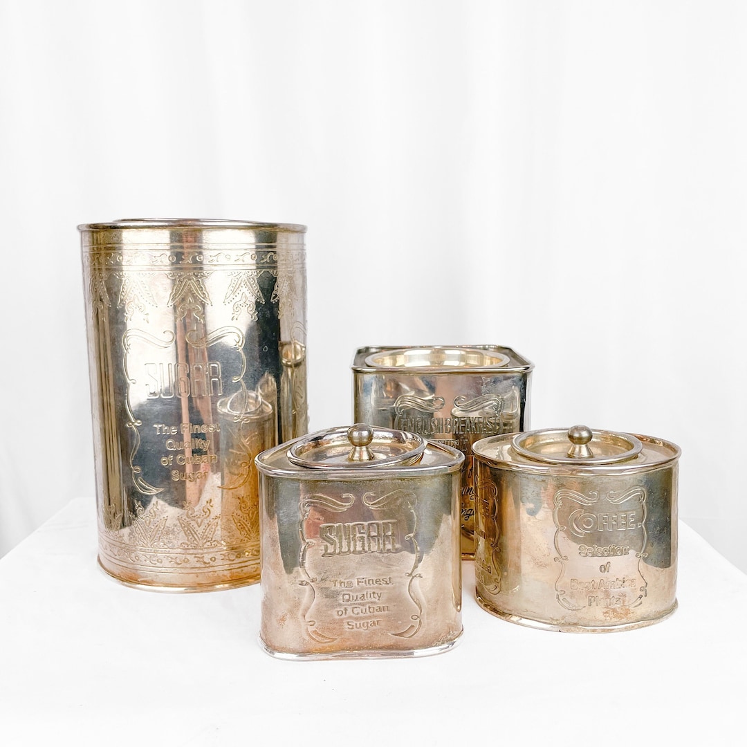 Etched Silver Plated Canister Set Vintage Indian Engraved Brass Kitchen