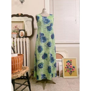 90s Floral Maxi Dress | Green and Blue | Light Material | Tie in Back | Sleeveless | Womens Medium | Comfortable | Vintage Maurice’s