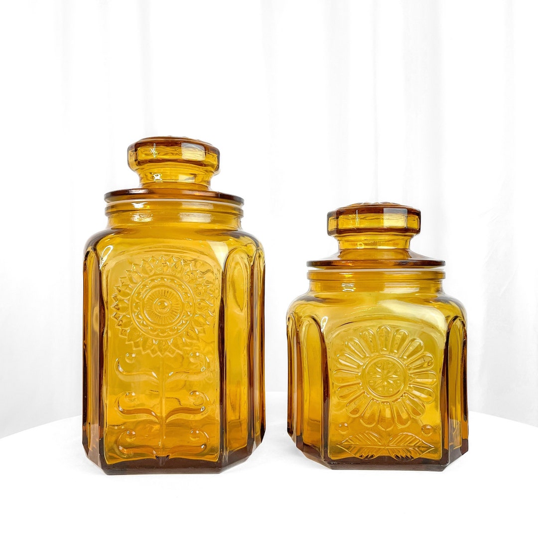 Vintage Mustard Yellow Glass Canister Set Kitchen Canisters Etsy