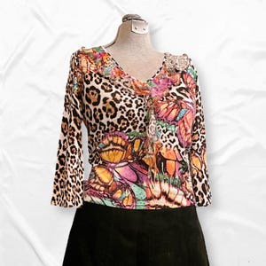 Y2K Vintage Butterfly Blouse | Beaded | Sequins | Leopard Print | Stretchy | Alberto Makali | Colorful | Womens Small/Medium