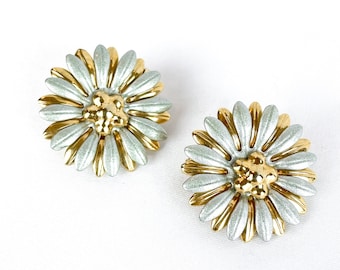 Boucles D'oreilles Clips Vintage Années 80 – Métal Doré Avec Motif Fleur Et Couture