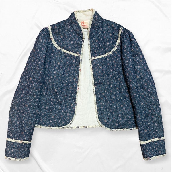 Vintage 70s Eber Navy Floral Quilted Coat | Blue with Flowers | San Francisco | Vintage Women’s Jacket | Women’s XS/S | Excellent Condition