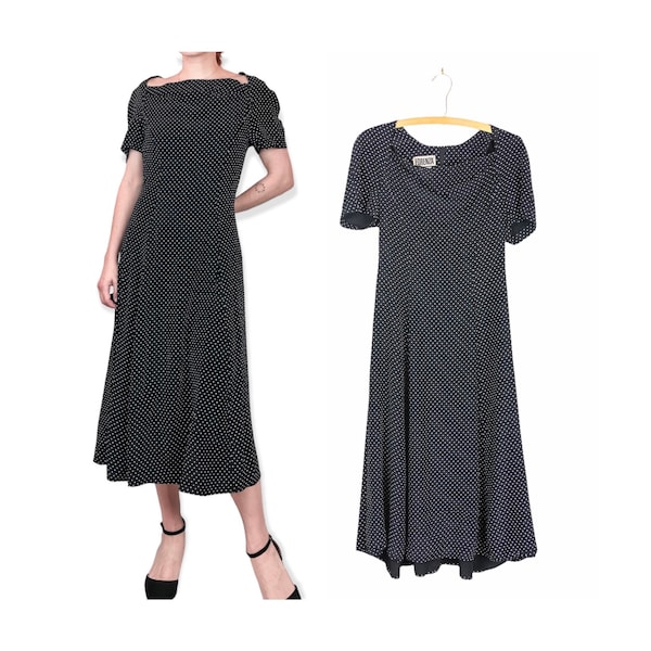 Polka Dot Dress | 90s Vintage | Midi Dress | 1990s Grunge Dress | Black and White | Womens Small | Made in USA