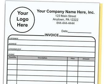 Formulario de factura personalizado de 2 partes, 8,5 x 5,5 pulgadas, NCR, 2 partes, personalizado con el nombre y el logotipo de la empresa (blanco/amarillo)