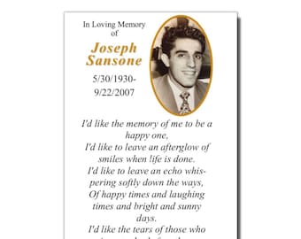 Funeral Memorial Prayer Cards Keepsakes- Custom Personalized Photo and Prayer - 50 Cards (PRINTED AND SHIPPED)