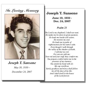 Funeral Memorial Prayer Cards - Custom Personalized Photo and Prayer - (PRINTED AND SHIPPED)