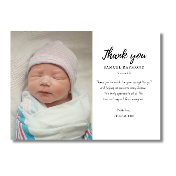 Newborn Thank You Card, Photo Welcome Card New Baby Girl/Boy, Birth Announcement - 5"x7" - Envelopes Included