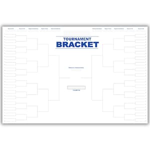 May include: A white tournament bracket chart with blue text that reads "TOURNAMENT BRACKET". The chart is designed to track the progress of a competition, with spaces for teams or players to advance through rounds.