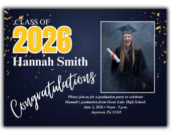 Personalized Class of 2026 Graduation Party Photo Card 5x7 (Custom Announcements & White Envelopes)