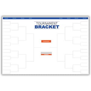 May include: A blank tournament bracket with 32 slots for competitors. The bracket is divided into rounds of 16, 8, 4, 2, and the championship. The words "TOURNAMENT BRACKET" are printed in blue at the top of the bracket.