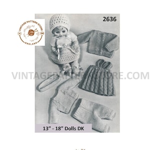 May include: A vintage knitting pattern for a doll's outfit. The pattern includes instructions for a cardigan, dress, and trousers for a 13-18 inch doll. The pattern is from Vintage Pattern Store, England.