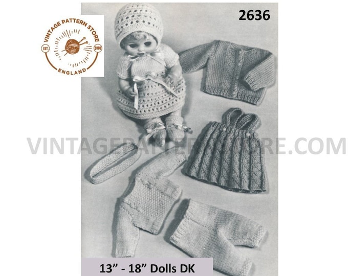 60s vintage 13" 14" 15" 16" 17" 18" DK Dolls clothes pdf knitting pattern 7 items to knit Instant PDF Download 2636